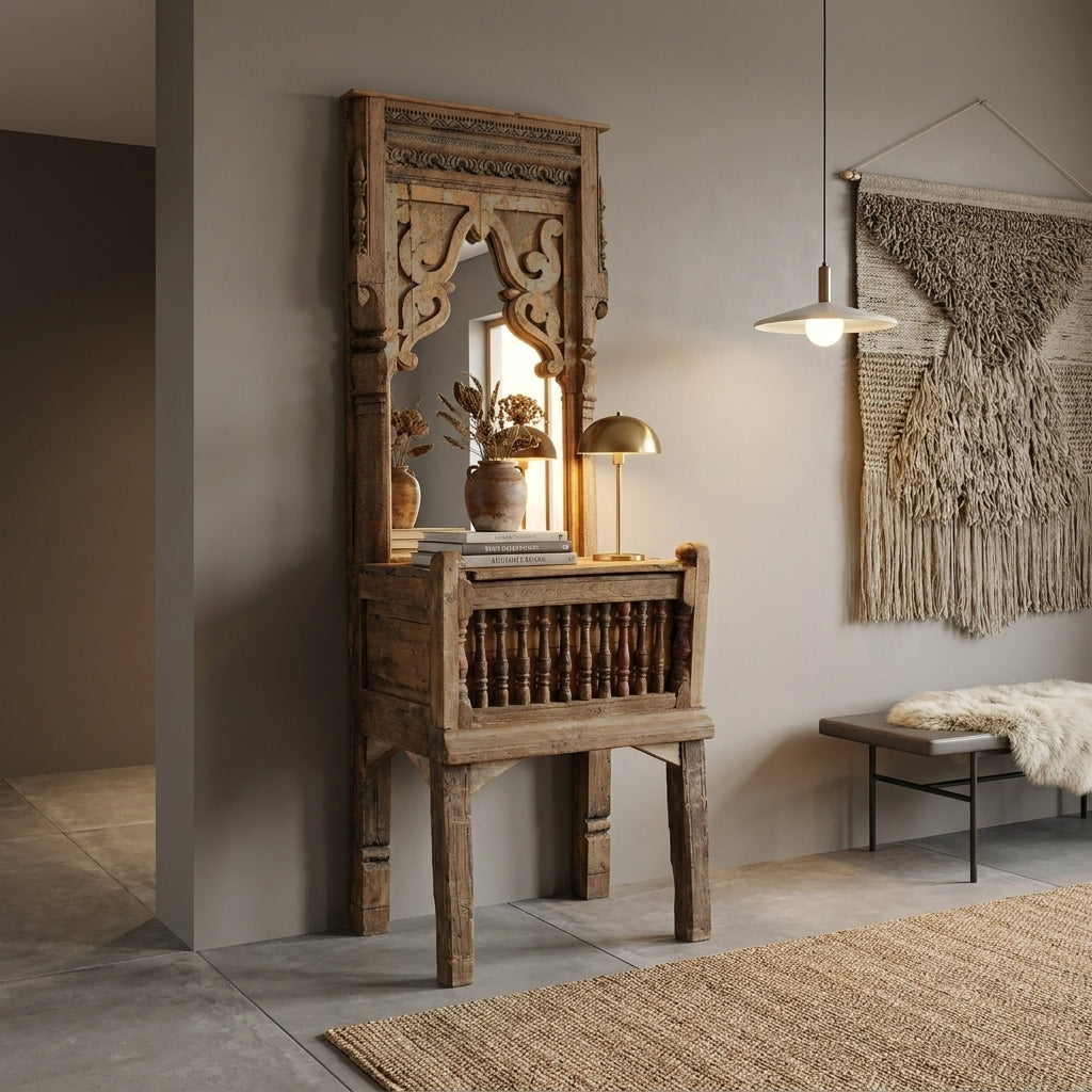 WS298 - Reclaimed Wood Antique Frame Mirror With Storage Console