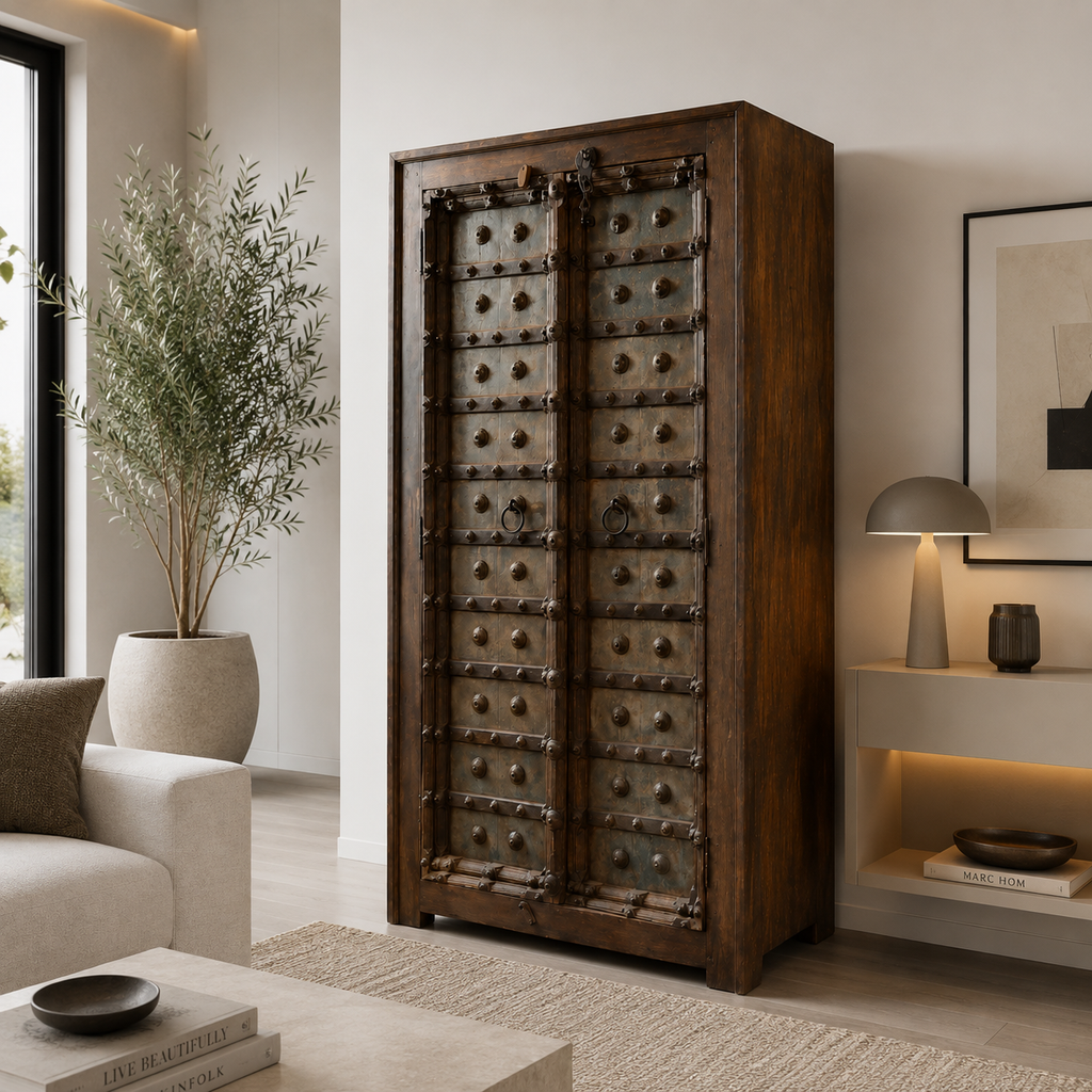 WS36 - Antique Handcrafted Wooden Door with Rustic Metal Detailing