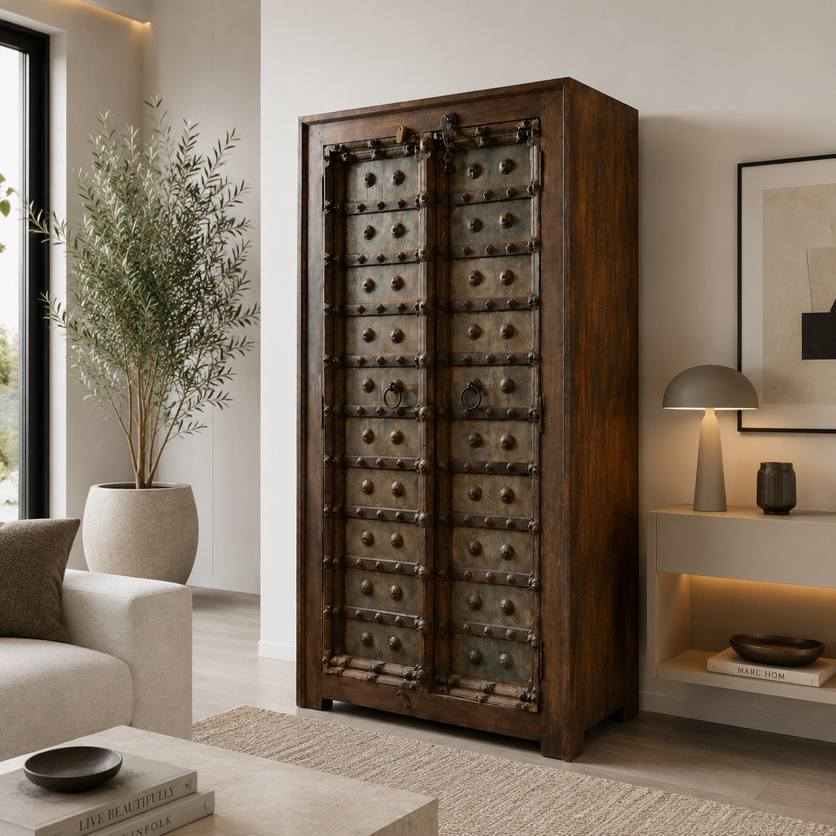 WS36 - Antique Handcrafted Wooden Door with Rustic Metal Detailing