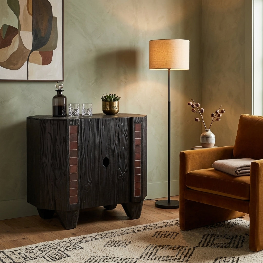 LH33 - Solid Wood Black Tile-Front One-Door Cabinet