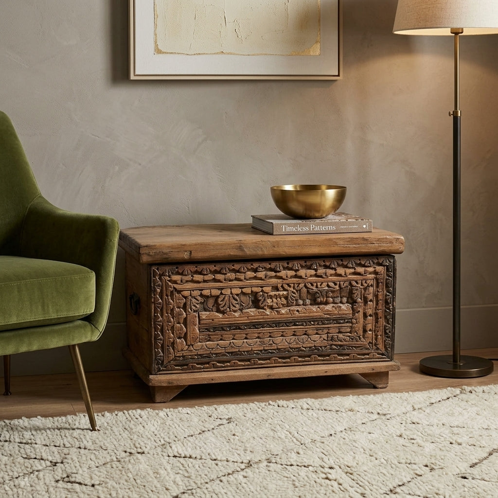 WS157 - Reclaimed Wood Carved Fitted Storage Chest