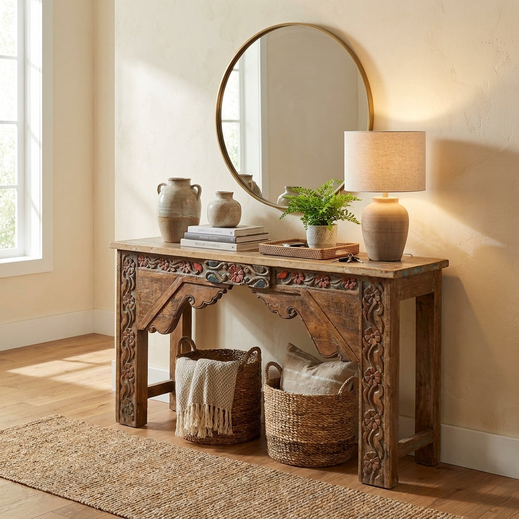 WS25 - Reclaimed Painted Wood Carved Front Console Table