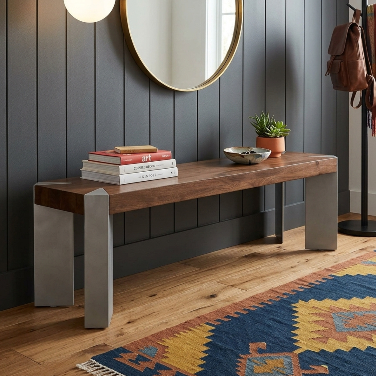 LH38 - Solid Acacia on Metal Legs Bench