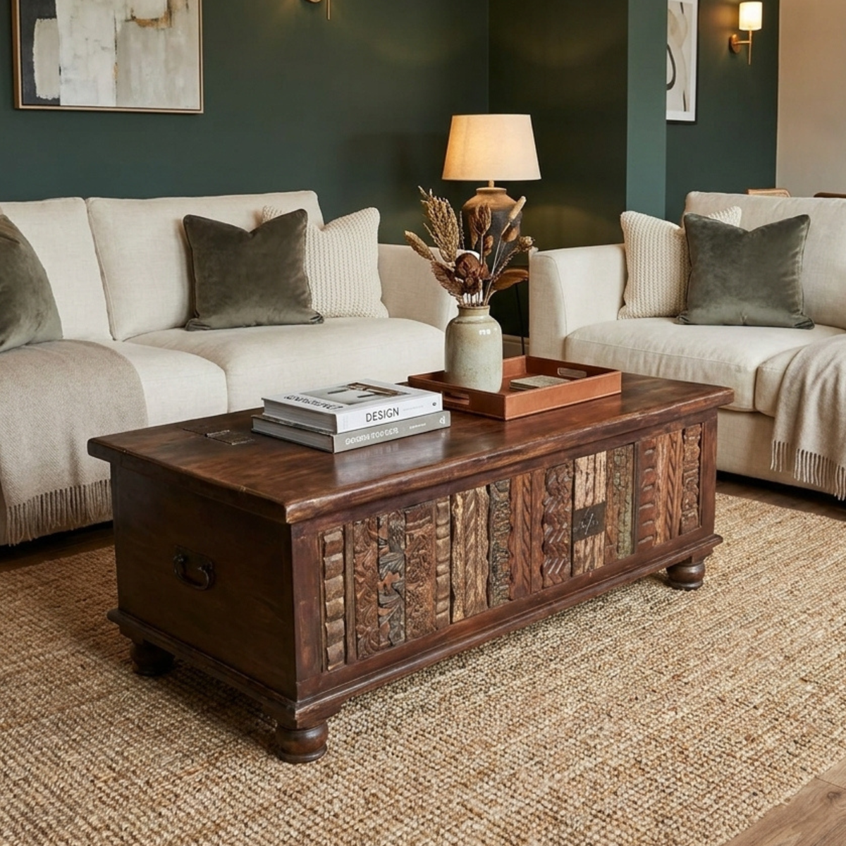 WS133 - Reclaimed wood carved fitted coffee table with storage