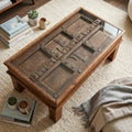 WS95 - Reclaimed Wood Antique Window Inlay Glass Top Coffee Table