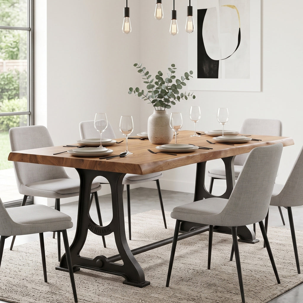 LH1116 - Solid Live Edge Acacia Dining Table with Cast Iron Legs