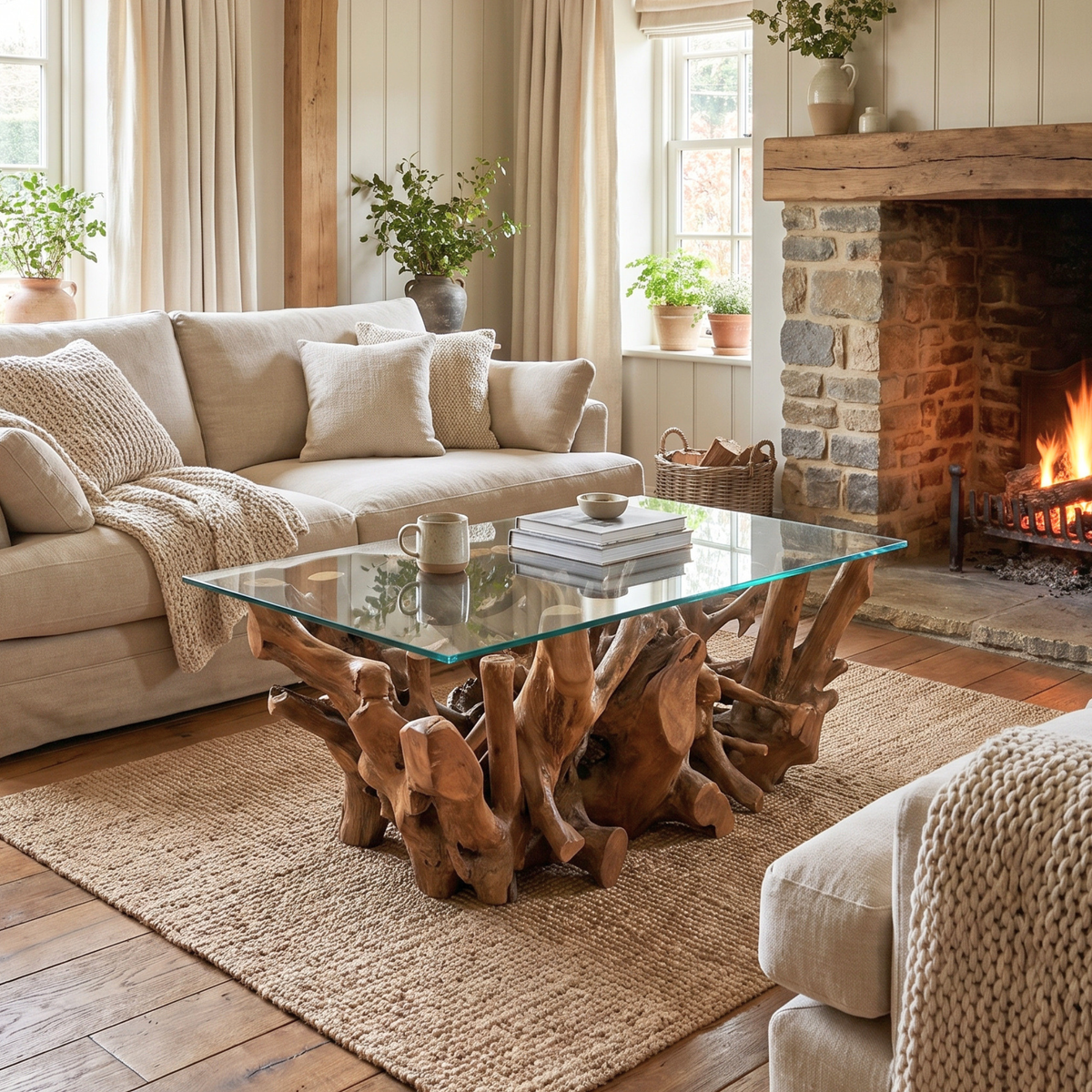 WS07 - Teak Root Coffee Table with Bevelled Glass Top