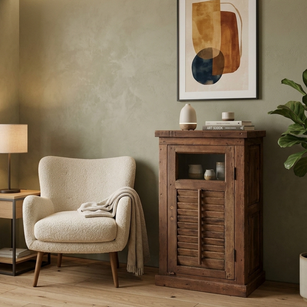WS109 - Reclaimed Wood Louvered Style Glass-Fitted Door Cabinet