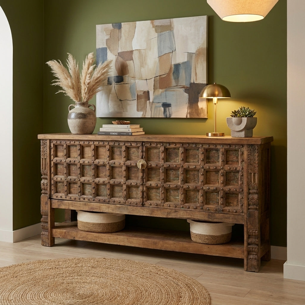 WS68 - Reclaimed Wood Carving & Antique Door Bottom Shelf Console