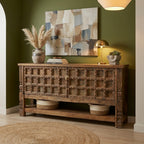 WS68 - Reclaimed Wood Carving & Antique Door Bottom Shelf Console