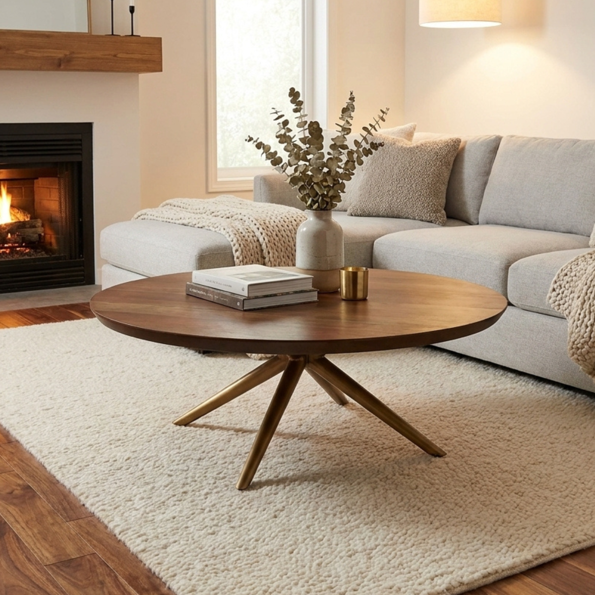 LH12 - Solid Acacia Coffee Table with Metal Pedestal Base