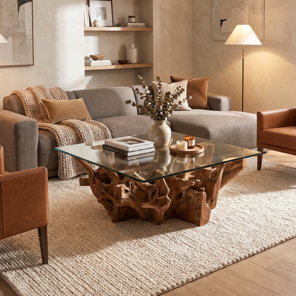 WS08 - Teak Root Coffee Table with Square Bevelled Glass Top