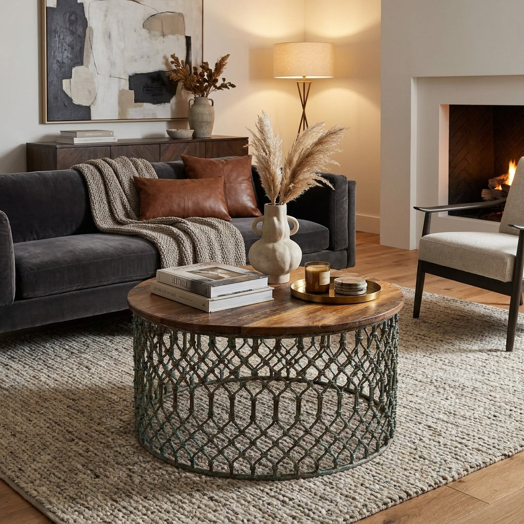 WS2873 - Reclaimed Wood Iron Jali Base Coffee Table