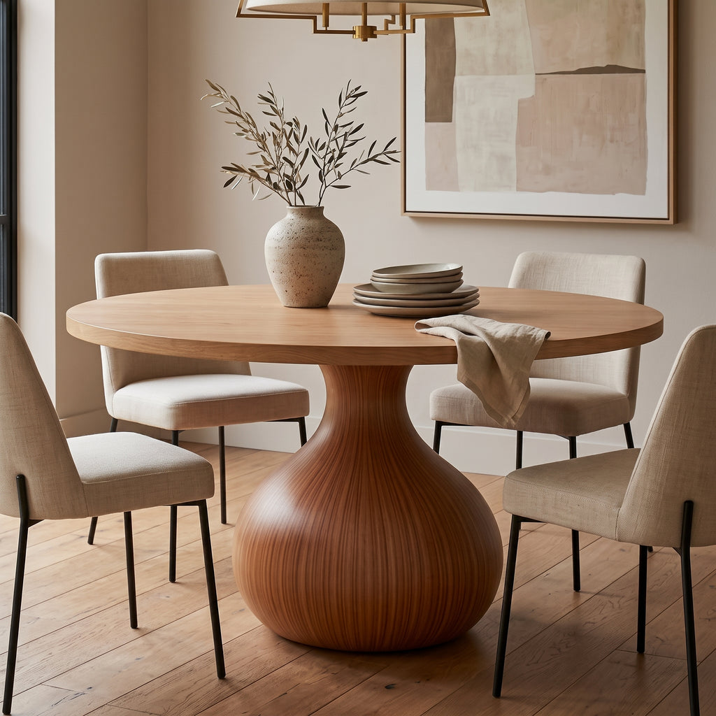 DT09 - Round Wood Dining Table with Sculptural Pedestal Base