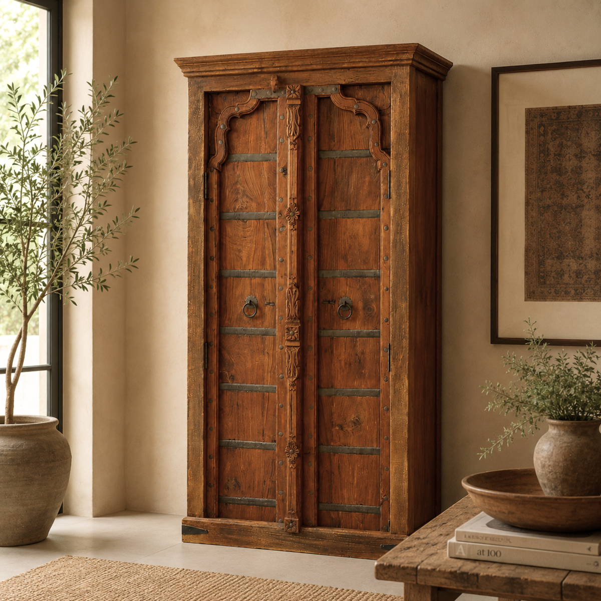 WS105 - Reclaimed Wood Armoire with Handcrafted Iron Detailing
