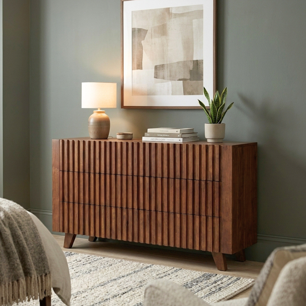 LH112 - Solid Acacia 6 Fluted Drawer Dresser