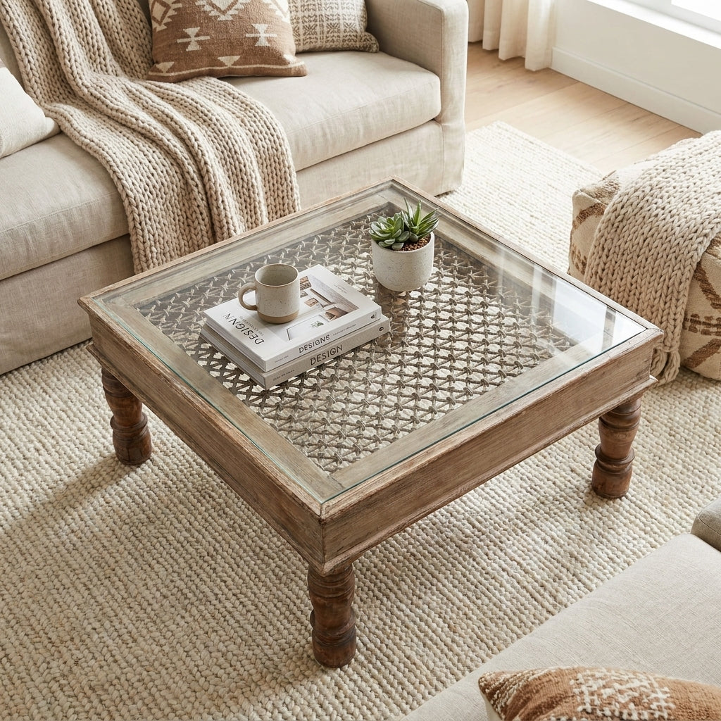 WS13 - Reclaimed Wood Jali Fitted Inlay Glass Top Coffee Table