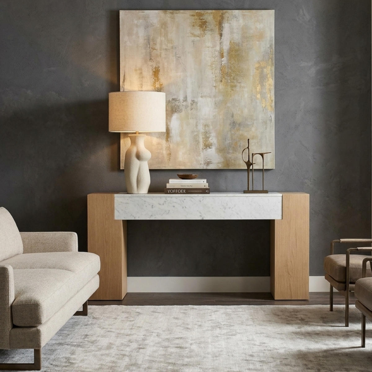 LH25 - Solid Wood Console Table with Marble Top