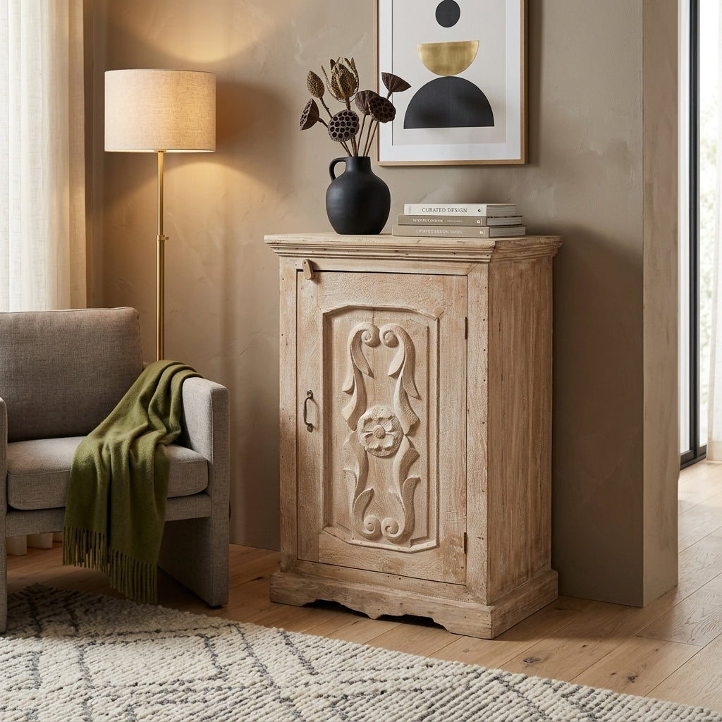 WS37 - Reclaimed White Wash Wood Carved Door Cabinet