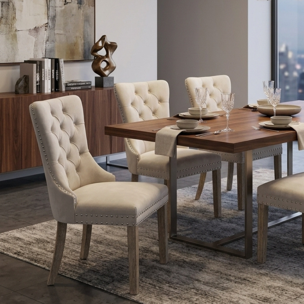 CH02 - Ivory Tufted Upholstered Dining Chair with Nailhead Trim