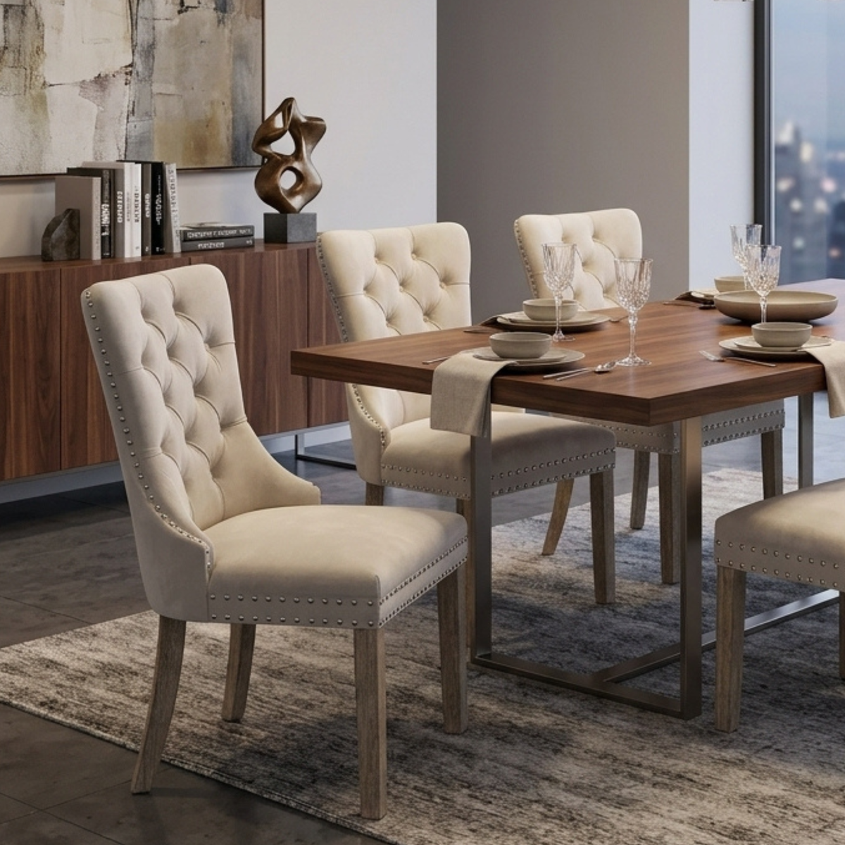 CH02 - Ivory Tufted Upholstered Dining Chair with Nailhead Trim