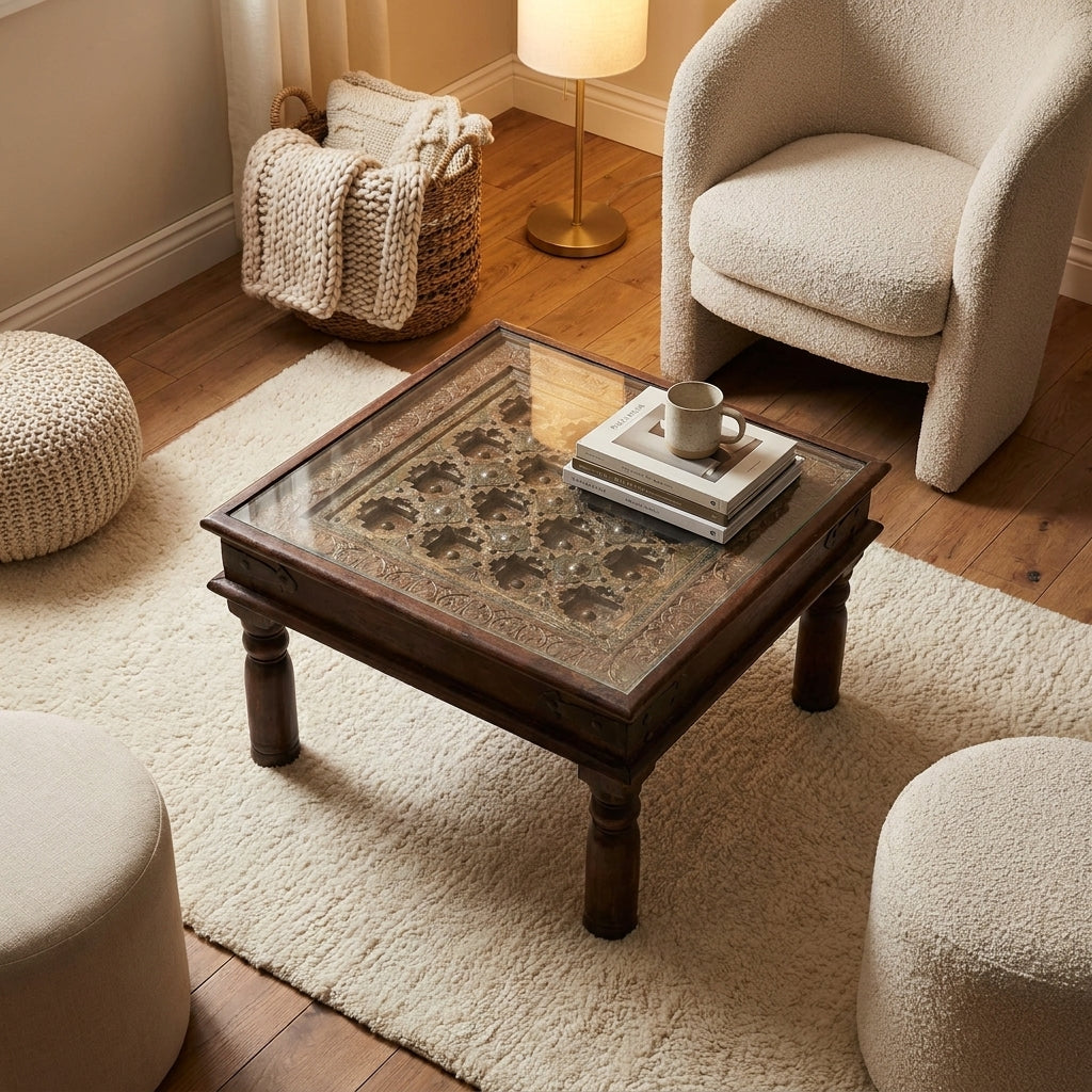 WS26 - Reclaimed Wood Carved Brass Fitted Inlay Glass Top Coffee Table