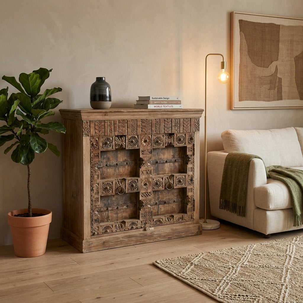WS97 - Reclaimed Wood Carved 2-Door Antique Cabinet