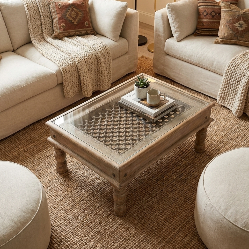 WS101 - Reclaimed Wood Jali Inlay Glass Top Coffee Table