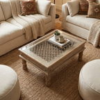 WS101 - Reclaimed Wood Jali Inlay Glass Top Coffee Table