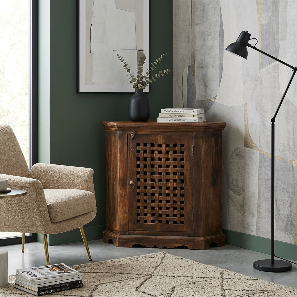WS122 - Reclaimed Wood Cutwork 1-Door Corner Cabinet