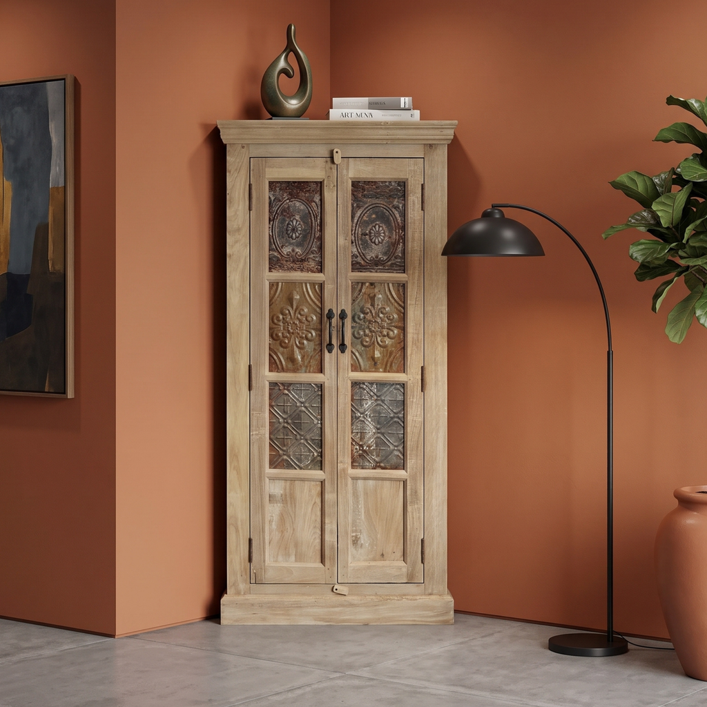CA02 - Antique Metal Tile Fitted Corner Cabinet