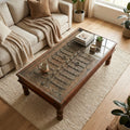 WS86 - Reclaimed Wood Carved & Metal Fitted Antique Door Inlay Glass Top Coffee Table