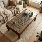 WS86 - Reclaimed Wood Carved & Metal Fitted Antique Door Inlay Glass Top Coffee Table