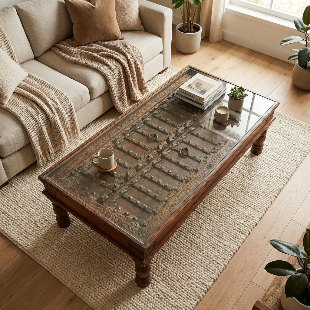 WS86 - Reclaimed Wood Carved & Metal Fitted Antique Door Inlay Glass Top Coffee Table