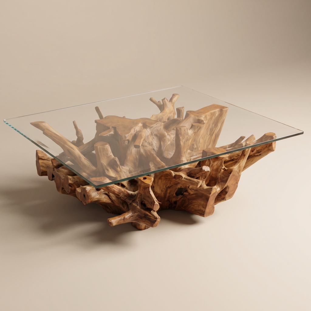 WS08 - Teak Root Coffee Table with Square Bevelled Glass Top