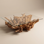 WS08 - Teak Root Coffee Table with Square Bevelled Glass Top