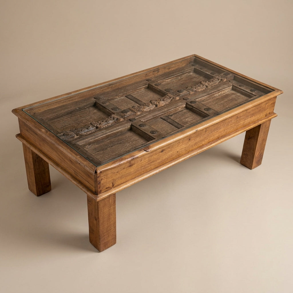 WS95 - Reclaimed Wood Antique Window Inlay Glass Top Coffee Table