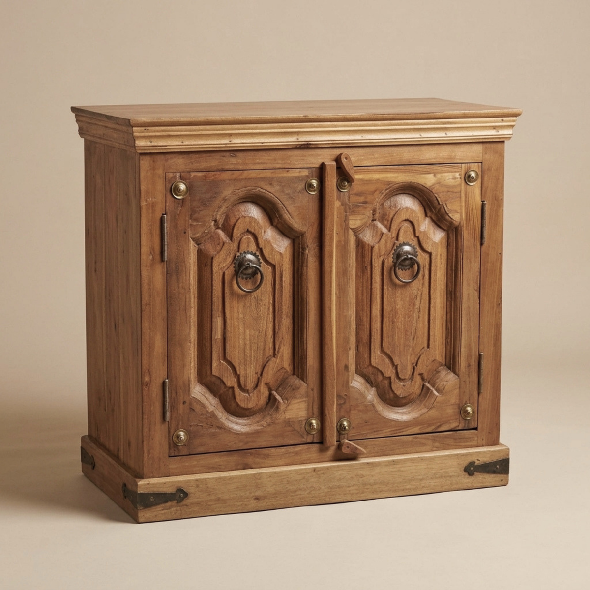 WS115 - Solid Wood Carved & Metal-Fitted 2-Door Cabinet