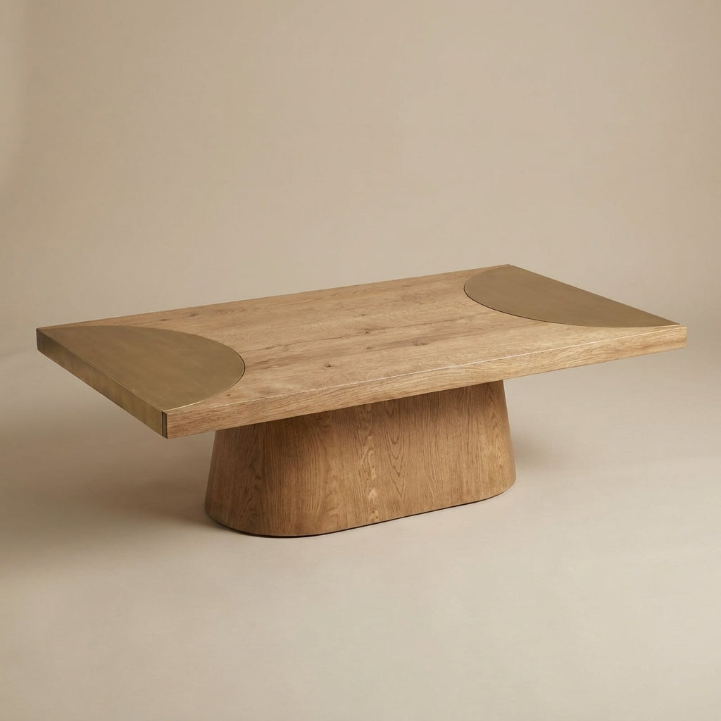 LH35 - Solid Wood Coffee Table with Metal Oval Pedestal Base
