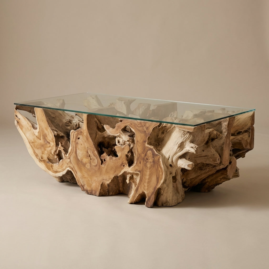 WS07 - Teak Root Coffee Table with Bevelled Glass Top