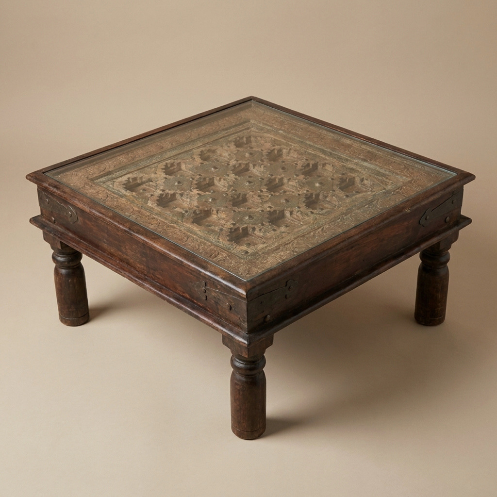 WS26 - Reclaimed Wood Carved Brass Fitted Inlay Glass Top Coffee Table
