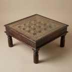 WS26 - Reclaimed Wood Carved Brass Fitted Inlay Glass Top Coffee Table