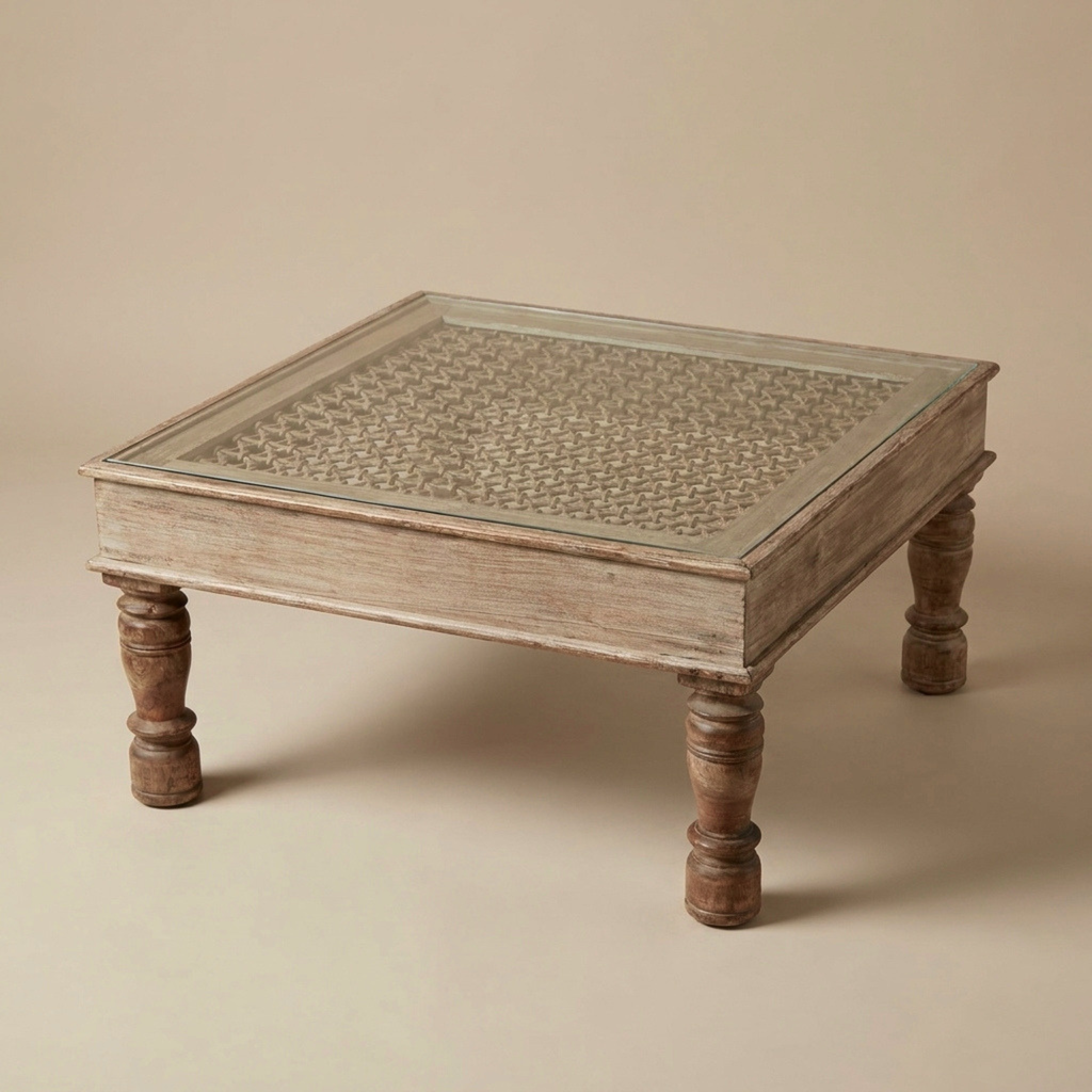 WS13 - Reclaimed Wood Jali Fitted Inlay Glass Top Coffee Table