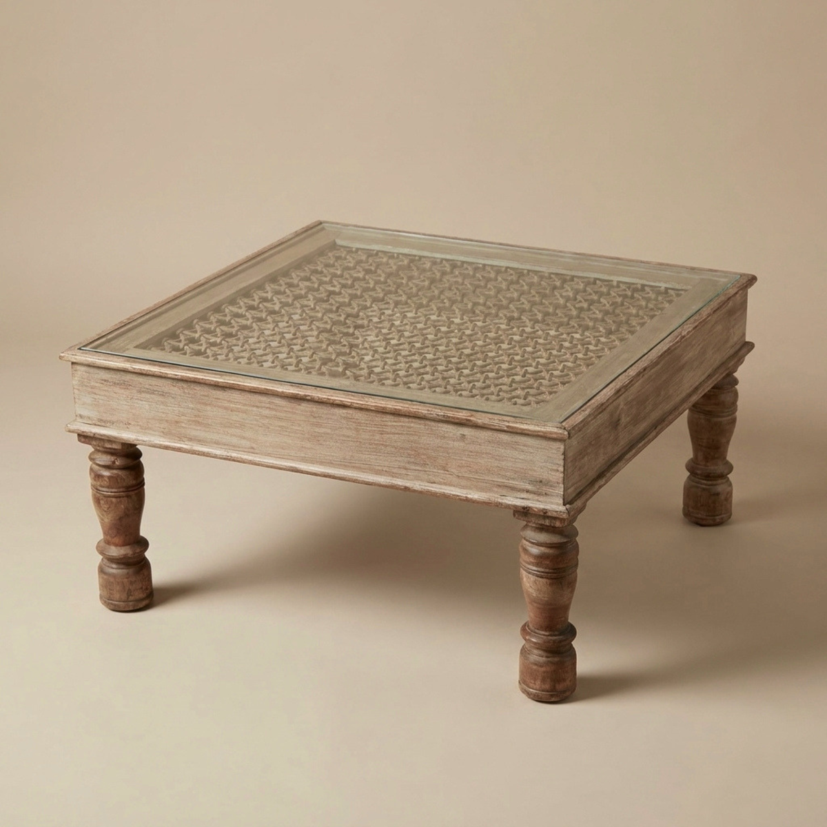 WS13 - Reclaimed Wood Jali Fitted Inlay Glass Top Coffee Table