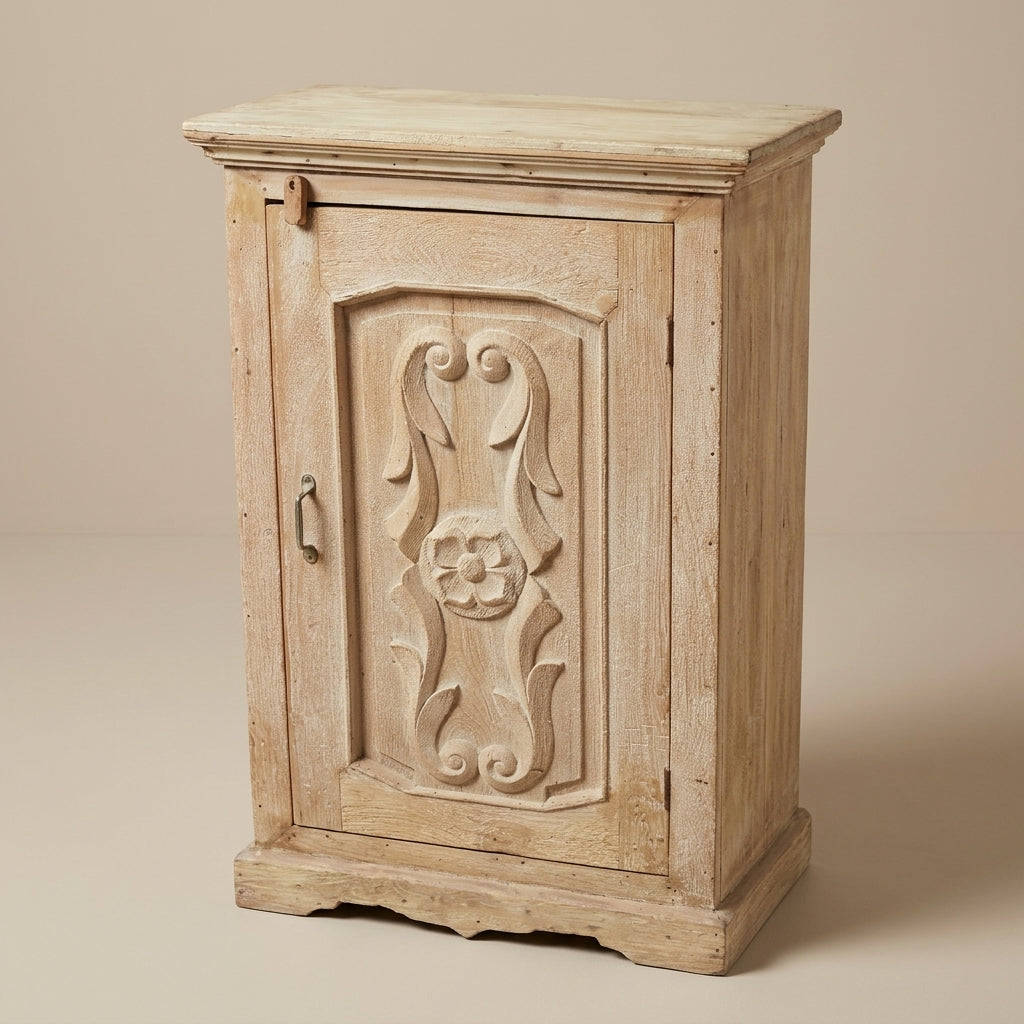 WS37 - Reclaimed White Wash Wood Carved Door Cabinet