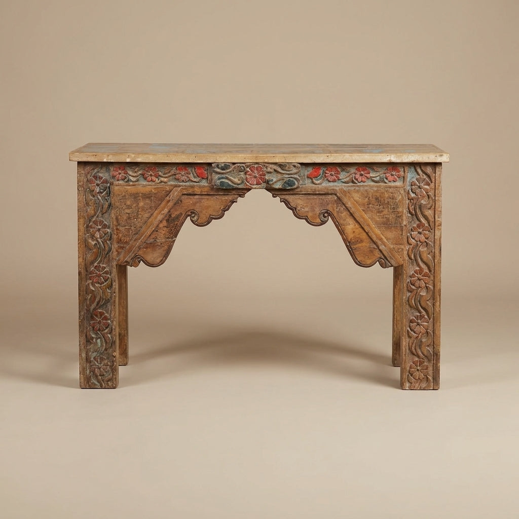 WS25 - Reclaimed Painted Wood Carved Front Console Table
