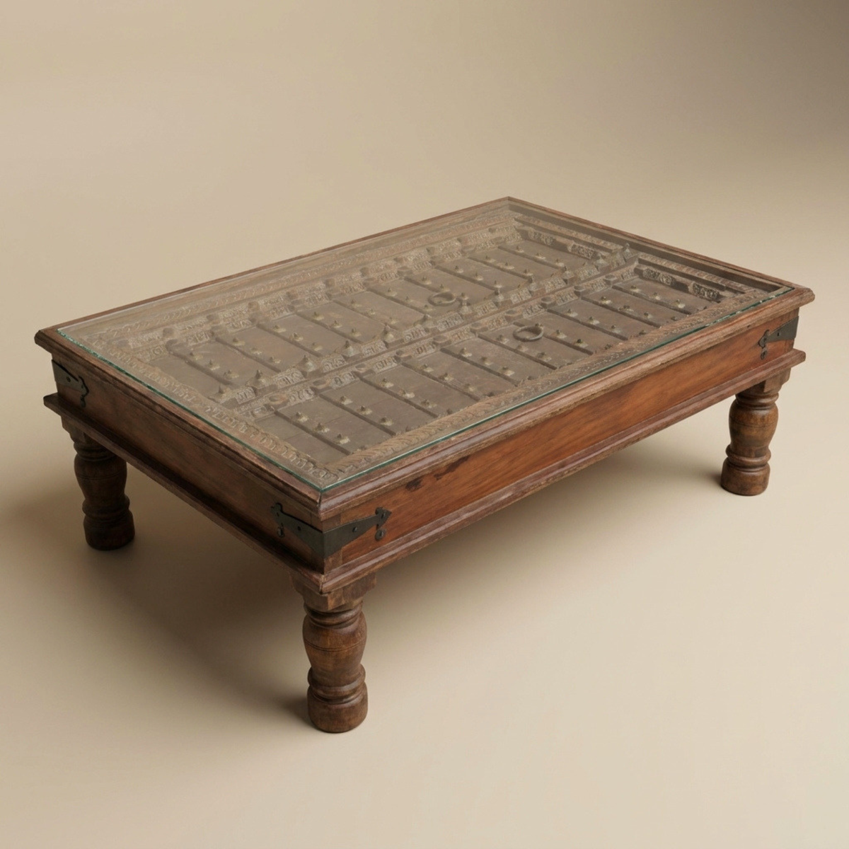 WS86 - Reclaimed Wood Carved & Metal Fitted Antique Door Inlay Glass Top Coffee Table