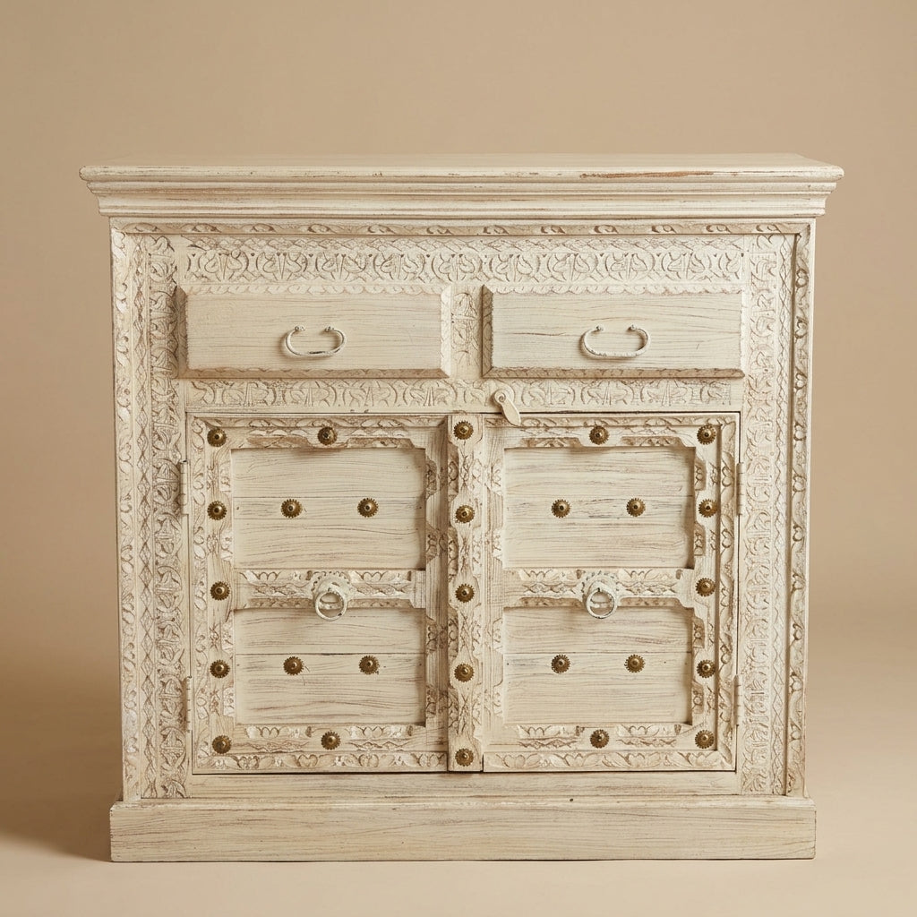WS1582 - Solid Wood Hand-Carved 2-Door 2-Drawer Cabinet