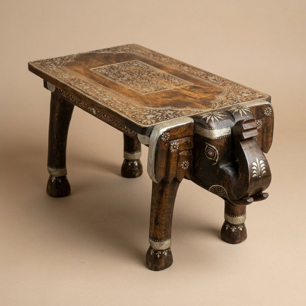 WS141 - Solid Wood Brass Fitted Carved Elephant Stool