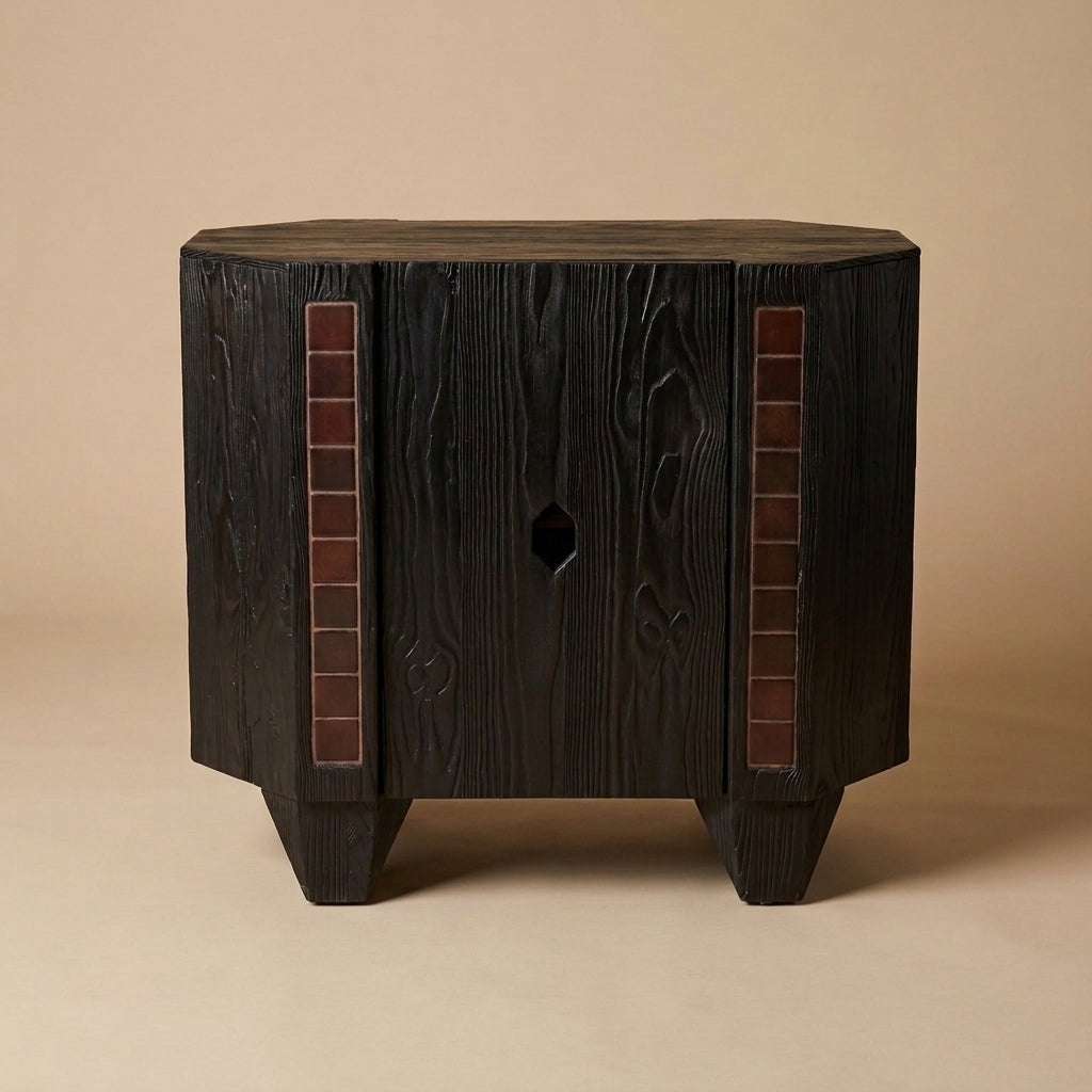 LH33 - Solid Wood Black Tile-Front One-Door Cabinet